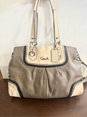 Coach Ashley Two-Way Two-Tone Taupe & Cream Leather Shoulder Bag